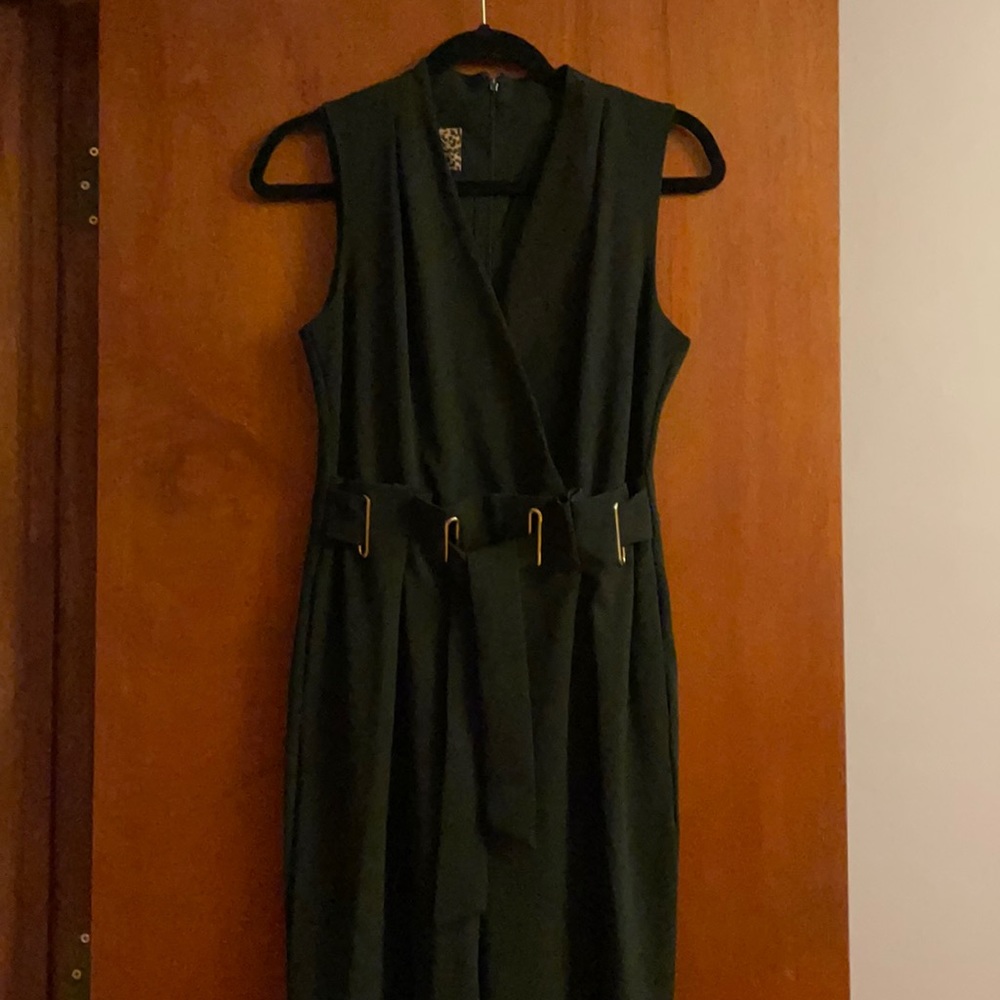 Black cinched waist belted jumpsuit
